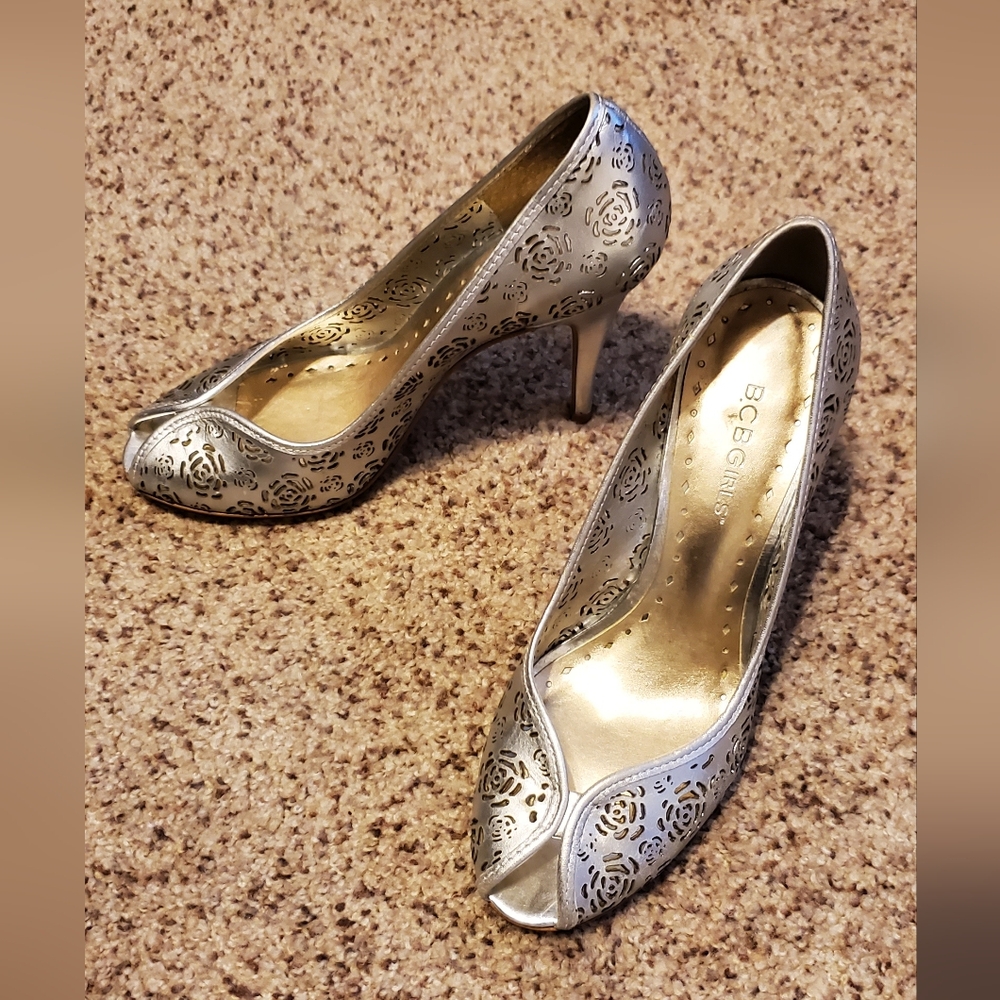BCBGirls Silver Rose Heels, Size 7